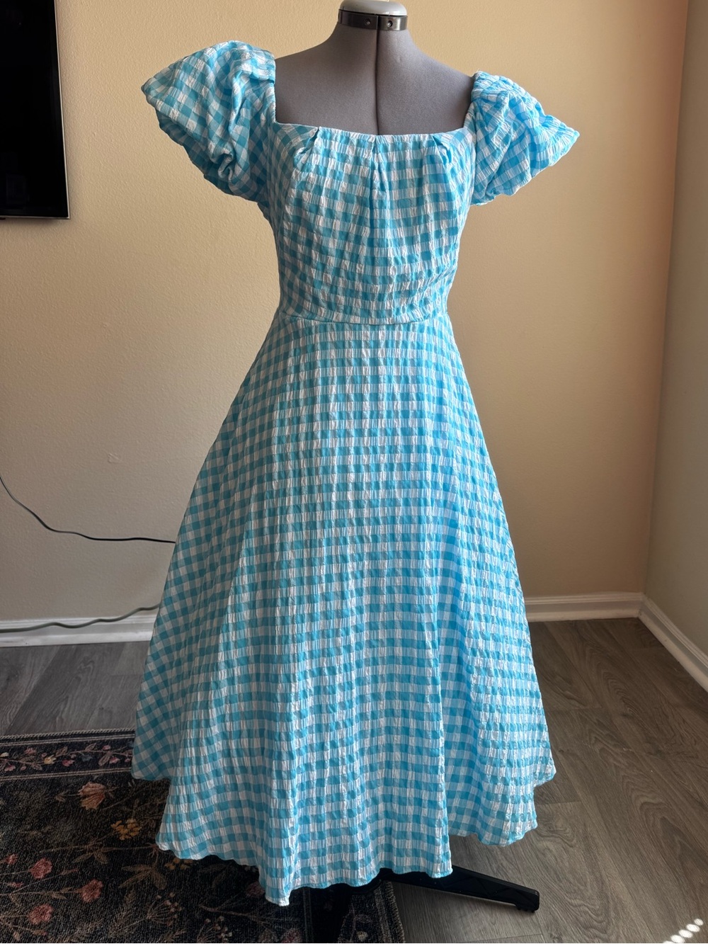 Maison Tara Sky Blue and White Gingham Midi Dress with Puff Sleeves